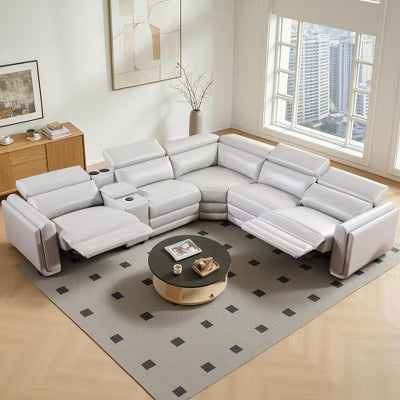 AMERLIFE 129" Power Reclining L-Shaped Sectional Sofa with Console & Speakers, 5-Seater Leather Couch, Light Grey