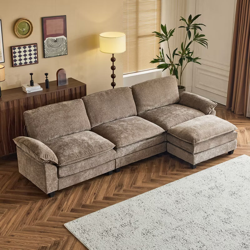 Karl Home |120 in. W Pillow Top Arm Double-layer Cushion Chenille Sofa in Brown With Ottoman