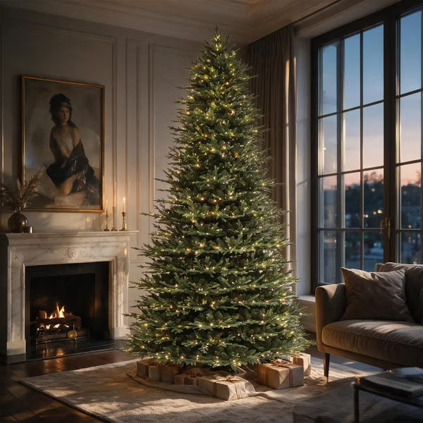 VIVATREES 12ft Prelit Artificial Christmas Tree With Dual Color 10 LED Lights Modes Metal Stand Hinged Branches Realistic Pine for Holiday