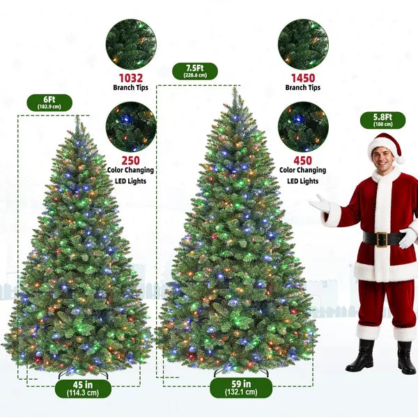 VIVATREES 6 Ft Prelit Christmas Tree Artificial Christmas Tree with Color Changing LED Lights Hinged Branches Multiple Color Modes