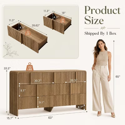 AMERLIFE 63" Fluted 7 Drawer Dresser with Pine Handles, Modern Wood Storage Cabinet, Dark Walnut