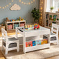 Kinder King Kids Wood Table & 2 Chairs Set, 4 in 1 Children Activity Table w/Double Bookcase, Blackboard, Toddler Furniture Set, Grey