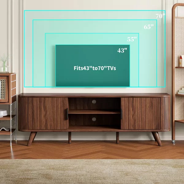 Qwatto 63" Curved Edge TV Stand Walnut Finish Media Console for 70 Inch TV Modern Fluted Door Credenza with Storage Mid Century Living Room Furniture