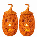 2-Pc Premium Handwoven Halloween Pumpkin Lantern Set, Rustic Black Wicker Jack-O'-Lanterns with LED Candles for Indoor Farmhouse Decor