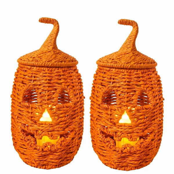 2-Pc Premium Handwoven Halloween Pumpkin Lantern Set, Rustic Black Wicker Jack-O'-Lanterns with LED Candles for Indoor Farmhouse Decor