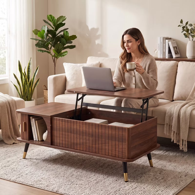 Walnut Lift Top Coffee Table with Hidden Storage Compartment and Shelf, Mid Century Modern Wood Coffee Table for Living Room Apartment Office Dorm