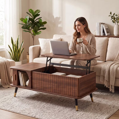 Walnut Lift Top Coffee Table with Hidden Storage Compartment and Shelf, Mid Century Modern Wood Coffee Table for Living Room Apartment Office Dorm
