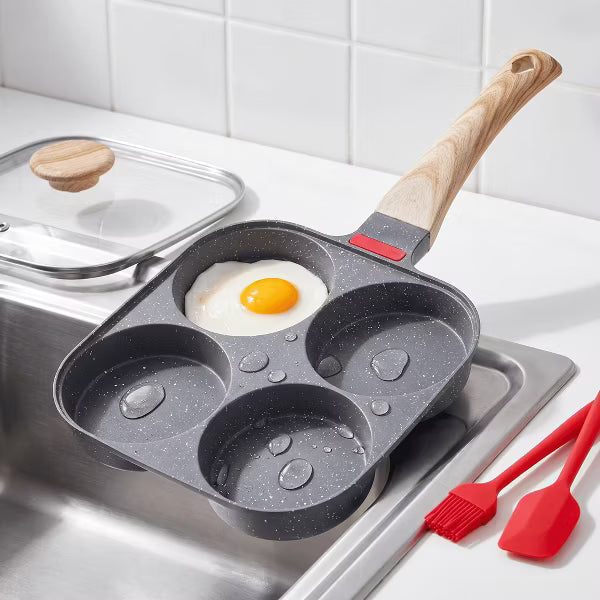 Egg Pan Nonstick 4-Cup, Breakfast Skillet with Lid & Tools, Aluminum Omelette Pan for Pancakes, Easy-Clean Cookware Compatible with Gas & Induction