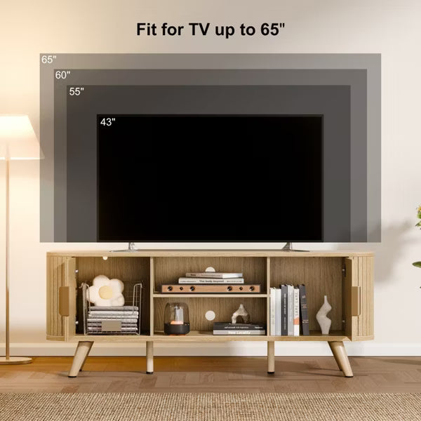 Qwatto 54'' Media Console for Bedroom Living Room Oak TV Stand for 65'' TV Mid Century Modern Cabinet Fluted Wood Detail Cable Management