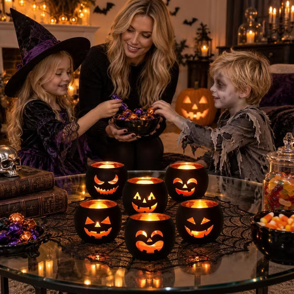 LauKingdom 2.7"x2.3" 6 Pcs Matte Black Halloween Jack O Lantern Glass Votive Candle Holders Decor for Mantel Coffee Table Party