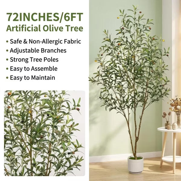 6ft Artificial Olive Tree Realistic Fake Olive Tree with Thick Trunk and Lifelike Leaves, Fruits - Large Faux Olive Tree for Home Office Decor