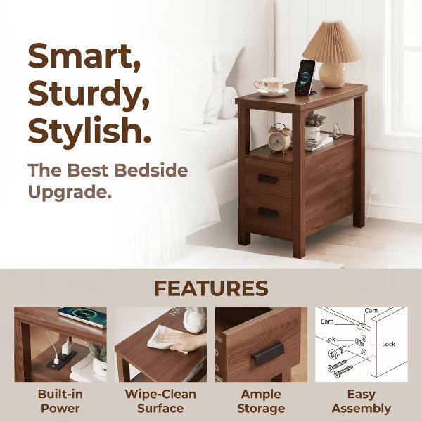End Table with Charging Station, Side Table with USB & Outlets, 2 Drawers, Small Wood Bedside Table, Rustic Modern End Table with Drawer