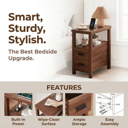 End Table with Charging Station, Side Table with USB & Outlets, 2 Drawers, Small Wood Bedside Table, Rustic Modern End Table with Drawer