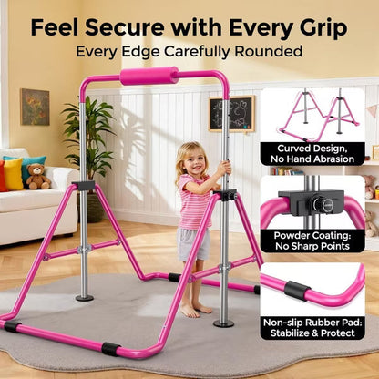 Sportsroyals Gymnastics Bar for Kids,Adjustable Height Gymnastic Horizontal Bars,Folding Gymnastic Junior Training Kip Bar for Home, Pink