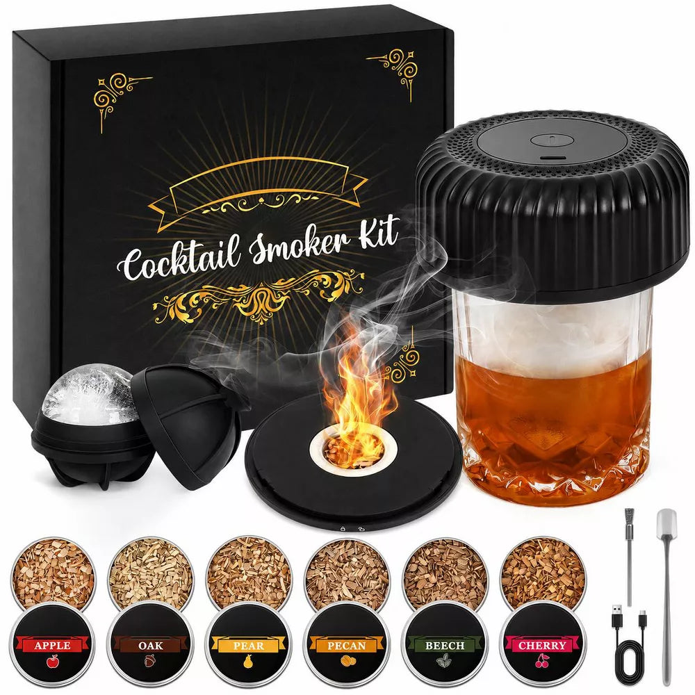 Electric Cocktail Smoker Kit with 6 Wood Chip Flavors, USB Rechargeable Whiskey Smoker,Black