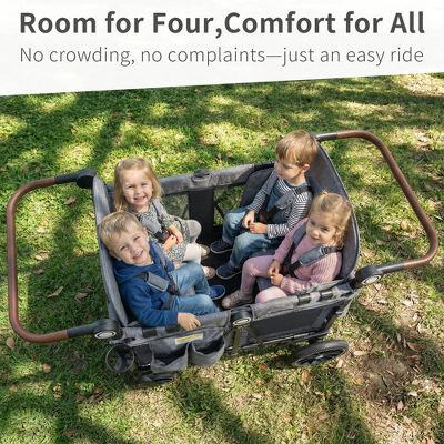 Kinder King Stroller Wagon for 4 Kids, All-Terrain Wheels, Canopy, Snack Tray, Adjustable Handle & Storage Bag, Black & Gray