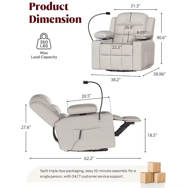 TYBOATLE Swivel Glider Recliner Chair - Biege Faux Leather - Manual Rocker with Adjustable Footrest & Remote Control for Nursing