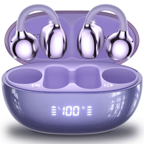 VEAT00L Open-Ear Headphones, Wireless Clip On Earbuds with Digital Display Charging Case 68 Hours Playtime