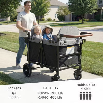 Kinder King Stroller Wagon for 4 Kids, All-Terrain Wheels, Canopy, Snack Tray, Adjustable Handle & Storage Bag, Black & Gray
