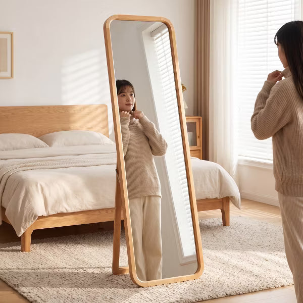Natural Solid Beech Wood Full Length Floor Mirror with Stand Wall Mounted Dressing Mirror Bedroom Living Room Entryway