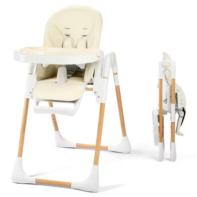 Kinder King Foldable High Chair for Baby, Toddler Feeding Chair with Detachable Double Trays, Beige