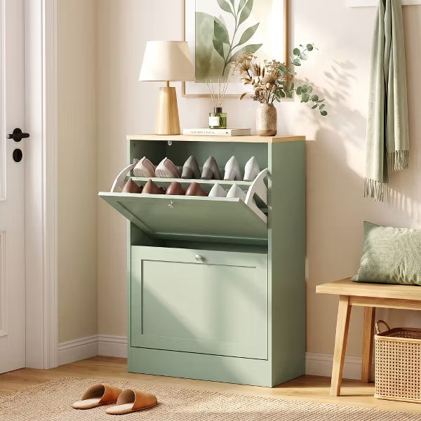 Narrow Shoe Storage Cabinet for Entryway with 2 Flip Drawers, Adjustable Shelves, Hidden Shoe Organizer with Light Oak Top