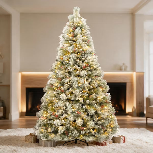 VIVATREES 7.5ft Prelit Snow Flocked Christmas Tree Artificial Hinged Branches Warm White LEDs Lights Metal Stand for Decor