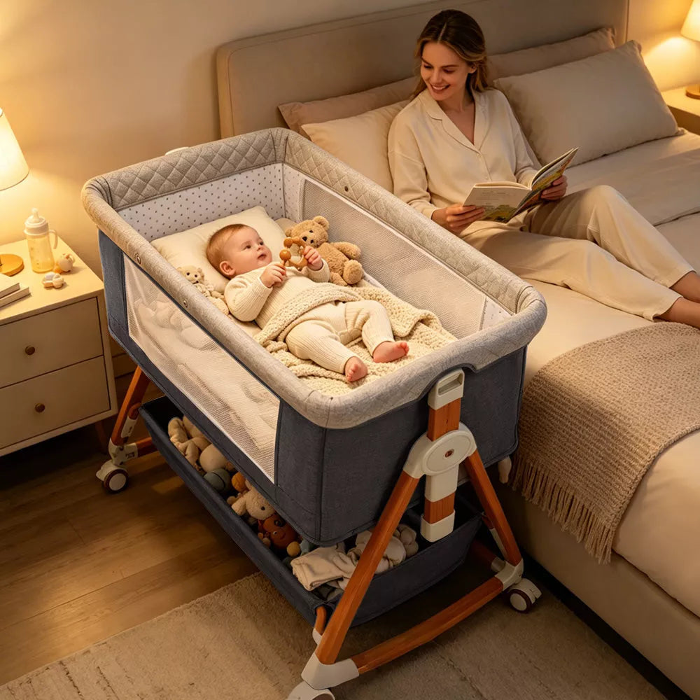 3-in-1 Baby Bassinet Bedside Sleeper Foldable Rocking Cradle with Wheels and Storage,Dark Grey