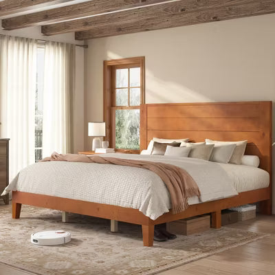 AMERLIFE King Solid Pine Wood Platform Bed Frame with 47.2" Headboard, Wood Slats, Brown