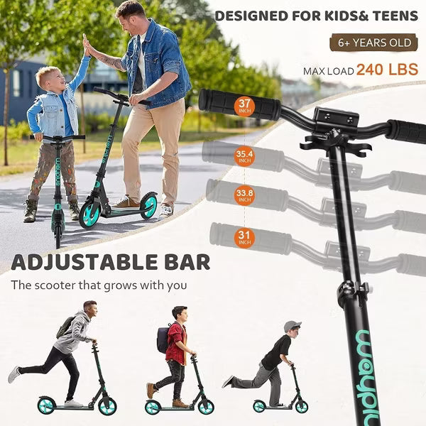 FED FITNESS Foldable Kick Scooter for Kids, Teens & Adults (Ages 6+), 240 LBS Max Load, 8IN Big Wheels, 4 Adjustable Heights, ABEC9 Bearings