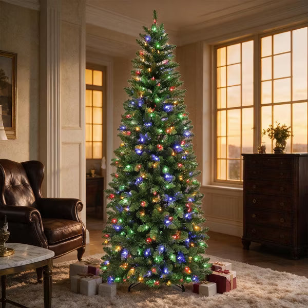 VIVATREES 7.5ft Prelit Christmas Tree Artificial Slim Pine Dual Color 10 Funtion Changing LED Lights Metal Stand Hinged Branches for Holiday