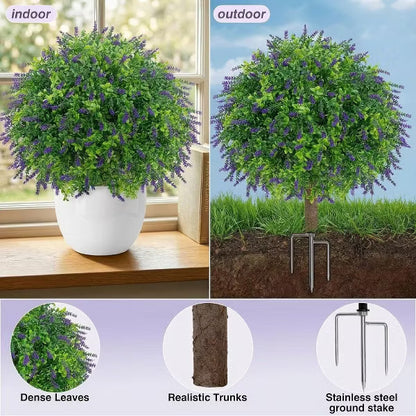 2 PCS Artificial Boxwood Topiary Ball Trees with Lavender with Ground Spike UV Resistant & Fade-Proof Faux Shrub for Pathway Decor