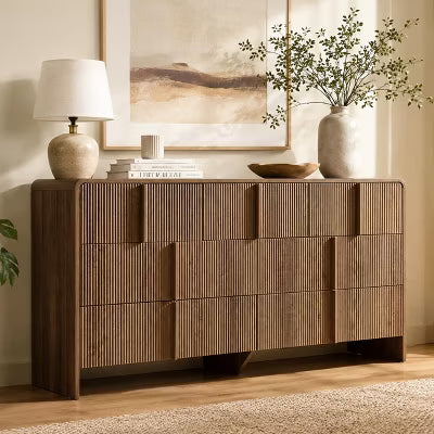 AMERLIFE 63" Fluted 7 Drawer Dresser with Pine Handles, Modern Wood Storage Cabinet, Dark Walnut