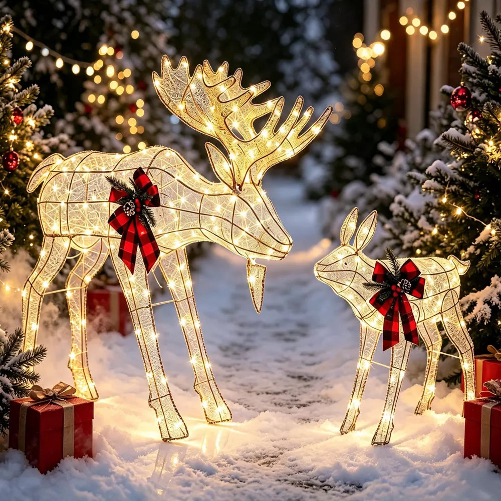 Garvee 2-Piece Lighted Christmas Moose Family, 240 Warm White LED Outdoor Yard Decoration Set with Stakes and Zip Ties