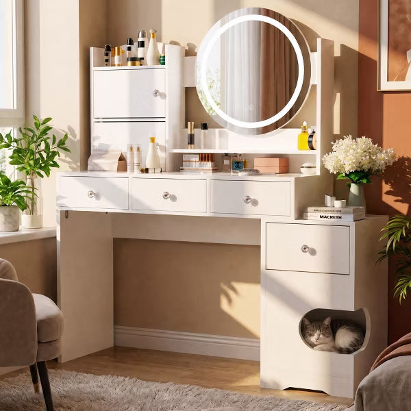 TYBOATLE Modern Makeup Vanity Desk with LED Lights and Charging Station, Small Vanity Desk with Cat Hole and Multi-Tier Storage Shelves, White