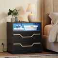Qwatto Black Modern 2 Drawer Nightstand with Charging Station USB Ports LED Light Wood Bedside Table Small Dresser End Table for Bedroom Small Space