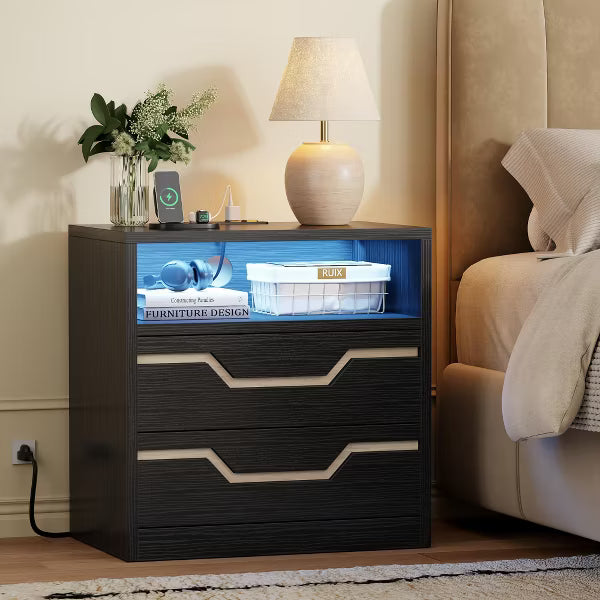 Qwatto Black Modern 2 Drawer Nightstand with Charging Station USB Ports LED Light Wood Bedside Table Small Dresser End Table for Bedroom Small Space