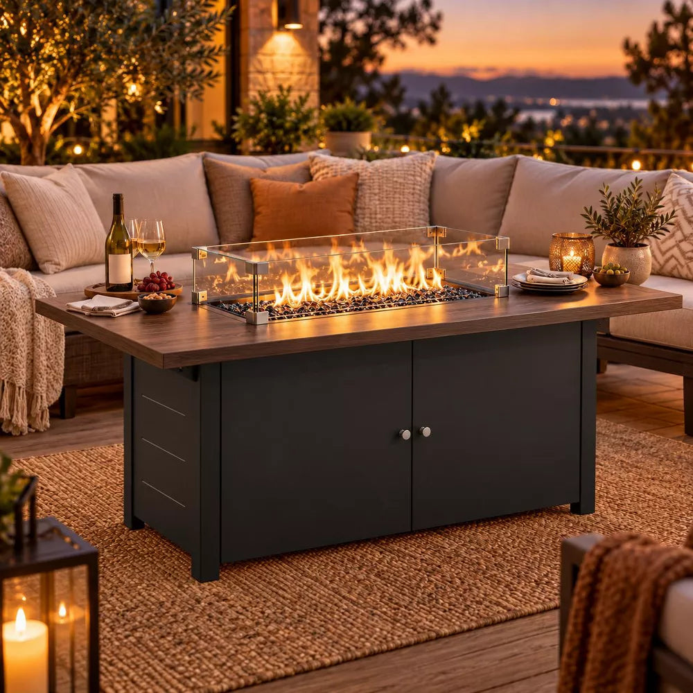 LAUSAINT HOME 43 Inch Outdoor Fire Pit Table, 55,000 BTU Gas Fire Pit with Lid with Glass Wind Guard for Outside Patio