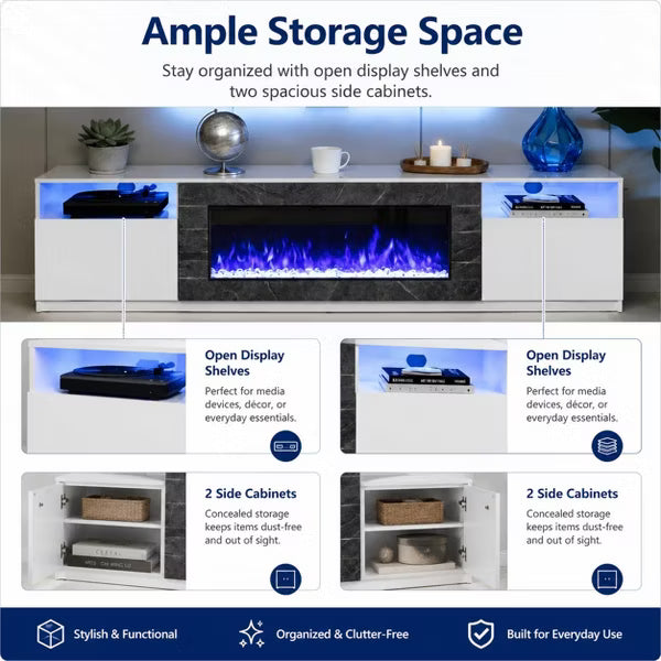 Garvee 80" TV Stand with 36" Elec. Fireplace, 12 Flame, 1500W, for 90" TVs, White