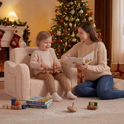 Kinder King Toddler Sofa Chair, 2-in-1 Foldable Baby Couch Flip Open Sofa Bed for Playroom, Beige