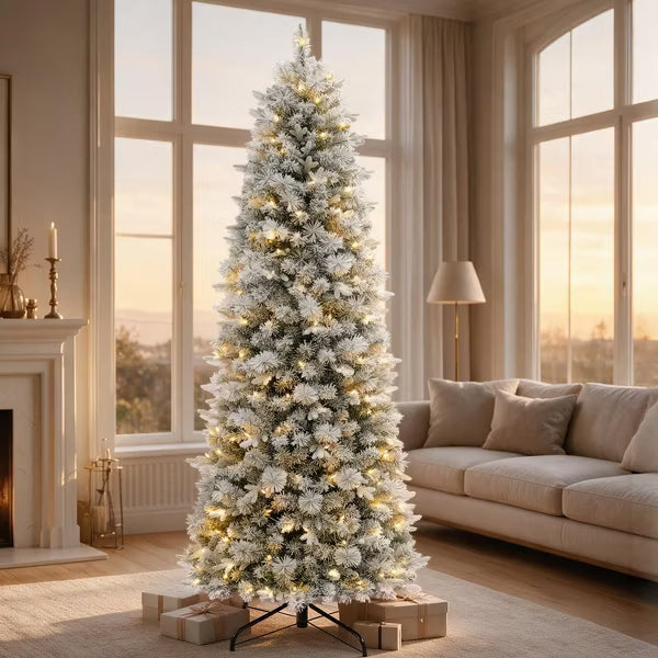 VIVATREES 7.5ft Pre-lit Flocked Christmas Tree Slim Artificial Hinged Mixed PVC PE Branch Tips Pine Needles Warm White LED Lights Foldable Base