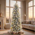 VIVATREES 7.5ft Pre-lit Flocked Christmas Tree Slim Artificial Hinged Mixed PVC PE Branch Tips Pine Needles Warm White LED Lights Foldable Base