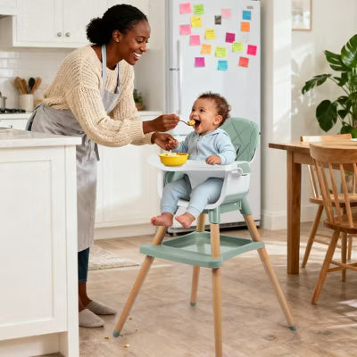 Kinder King 7 in 1 Baby High Chair Convert to Wooden Feeding Chair Removable Tray 5-Point Harness Green