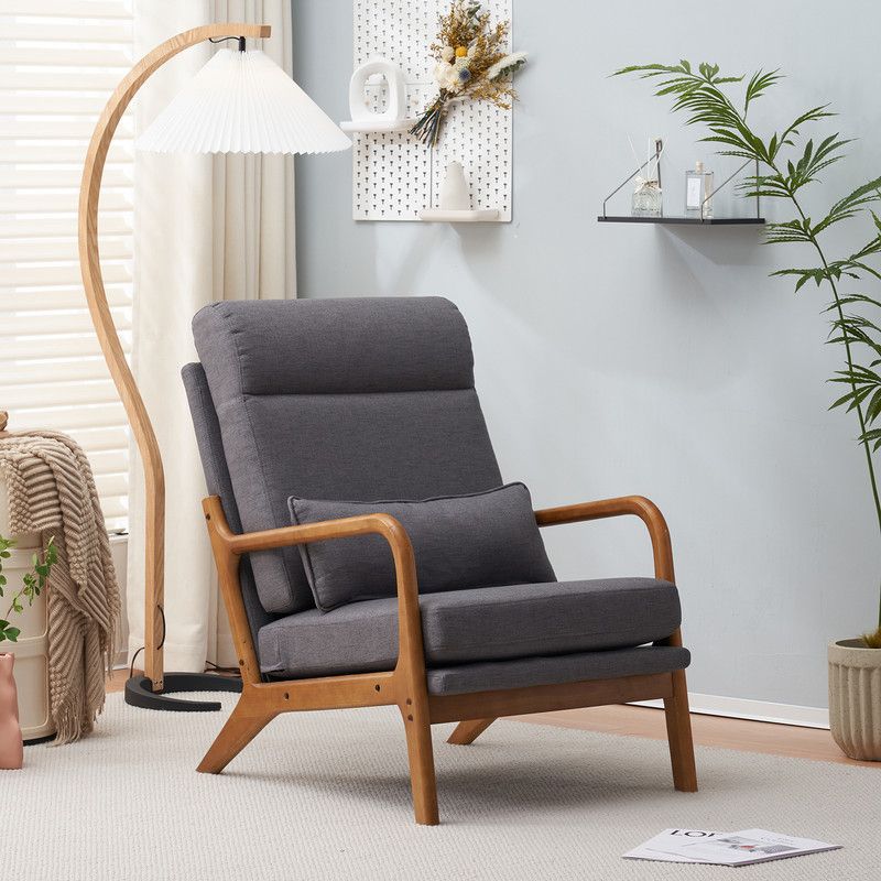 Karl Home High Back Solid Wood Armrest Backrest Iron Frame Linen Indoor Leisure Chair