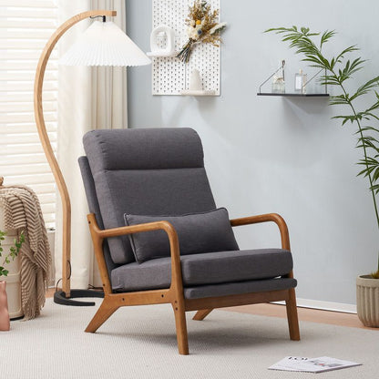 Karl Home High Back Solid Wood Armrest Backrest Iron Frame Linen Indoor Leisure Chair