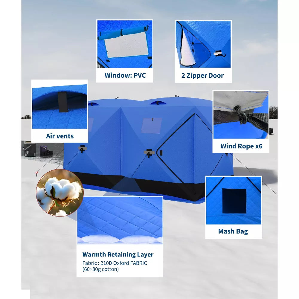 Garvee Ice Fishing Tent, 6-8 Person Pop-Up Insulated Shelter, 140 x 70.8 x 79 in