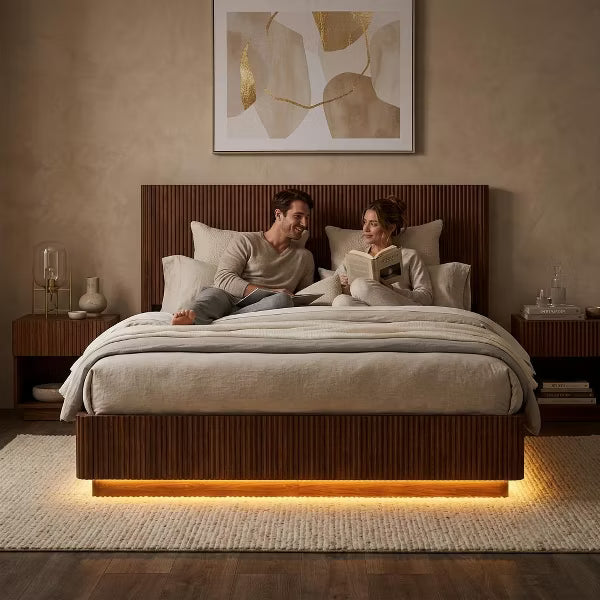 King Size Floating Bed Frame with LED & Fluted Headboard, Rich Walnut Platform Bed Furniture for Cozy Bedroom, Apartment & Dorm
