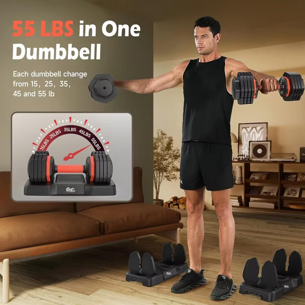 FED FITNESS Single Adjustable Dumbbell 55LBS, 5-in-1 Weight Dumbbell with Storage Tray, Quick Adjustment Anti-Slip Grip
