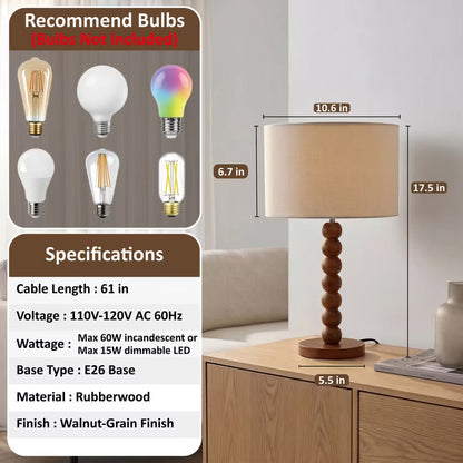 Walnut Wood Ball Table Lamp with Beige Shade, Mid-Century Modern Wooden Bedside Lamp, Natural Walnut Globe Desk Light for Bedroom Living Room Decor