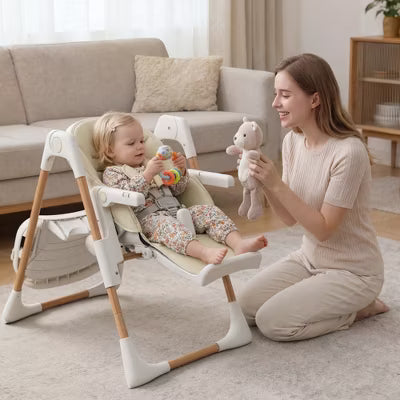 Kinder King Foldable High Chair for Baby, Toddler Feeding Chair with Detachable Double Trays, Beige